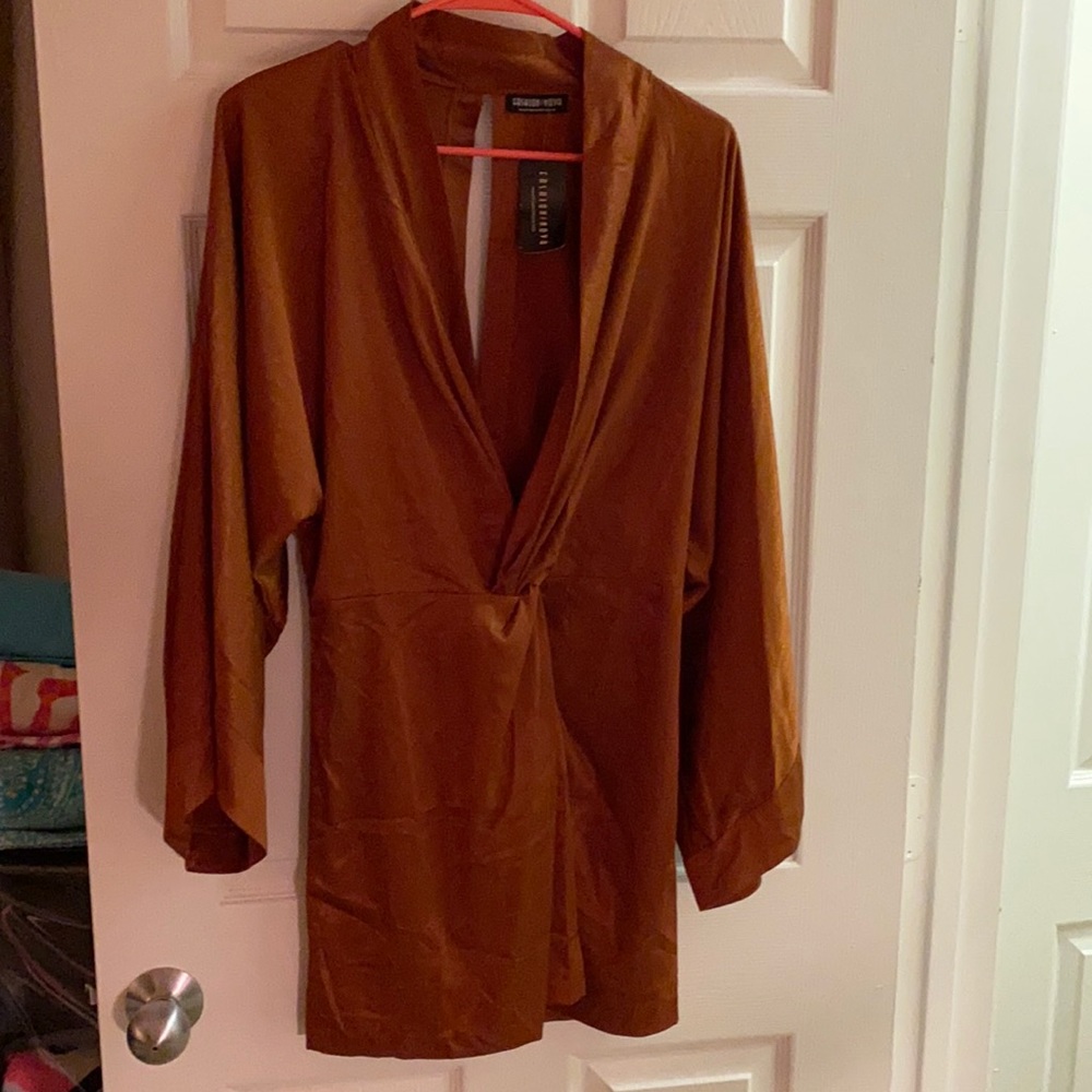 Rust colored kimono sleeve knot front dress